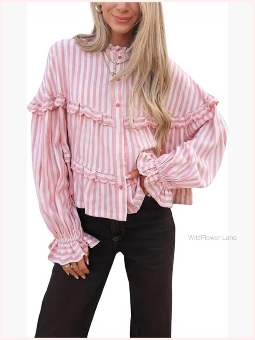 Ruffled Long Sleeve Striped Button Down Blouse
